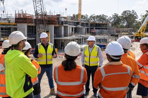 Construction workforce and supervisors at a pre-start briefing on a large active project