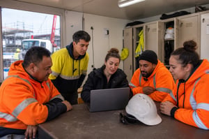 Learning coordinator supporting construction workers with online WHS training in a site training room