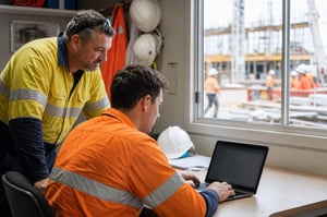 Construction worker completing online psychosocial WHS training with supervisor support in a temporary site office