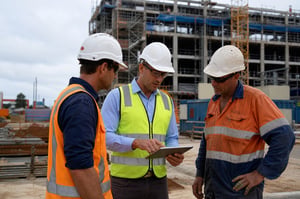 Construction project manager coordinating work with a foreman and contractor on site
