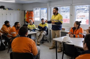 Construction supervisor discussing psychosocial WHS risks with workers in a temporary site lunch room