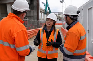 WHS professional consulting construction workers during a practical site walk