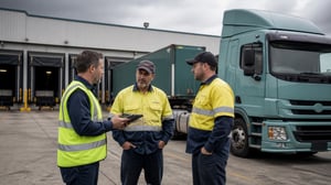 Australian logistics supervisor reviewing work with two drivers beside warehouse loading docks
