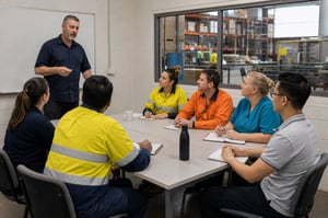 Managers and supervisors completing psychosocial WHS training beside a working warehouse