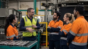 Manufacturing workforce and supervisor at a practical pre-start briefing on an Australian production floor