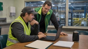 Manufacturing worker completing online psychosocial WHS training with supervisor support in a site lunchroom