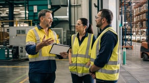 Operations manager coordinating with manufacturing and warehouse leaders in an industrial workplace