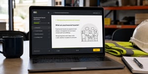 RiskReady online psychosocial WHS course in an industrial site office