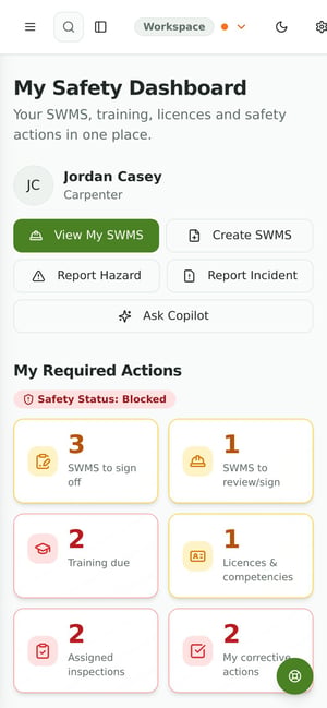 SafetyNettIQ mobile view showing a worker the safety information and next action relevant to their work.