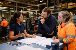 WHS consultant and operational leaders reviewing practical psychosocial risk controls in a Victorian industrial workplace