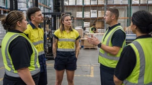 Warehouse and distribution centre workers discussing psychosocial WHS issues beside an active dispatch area